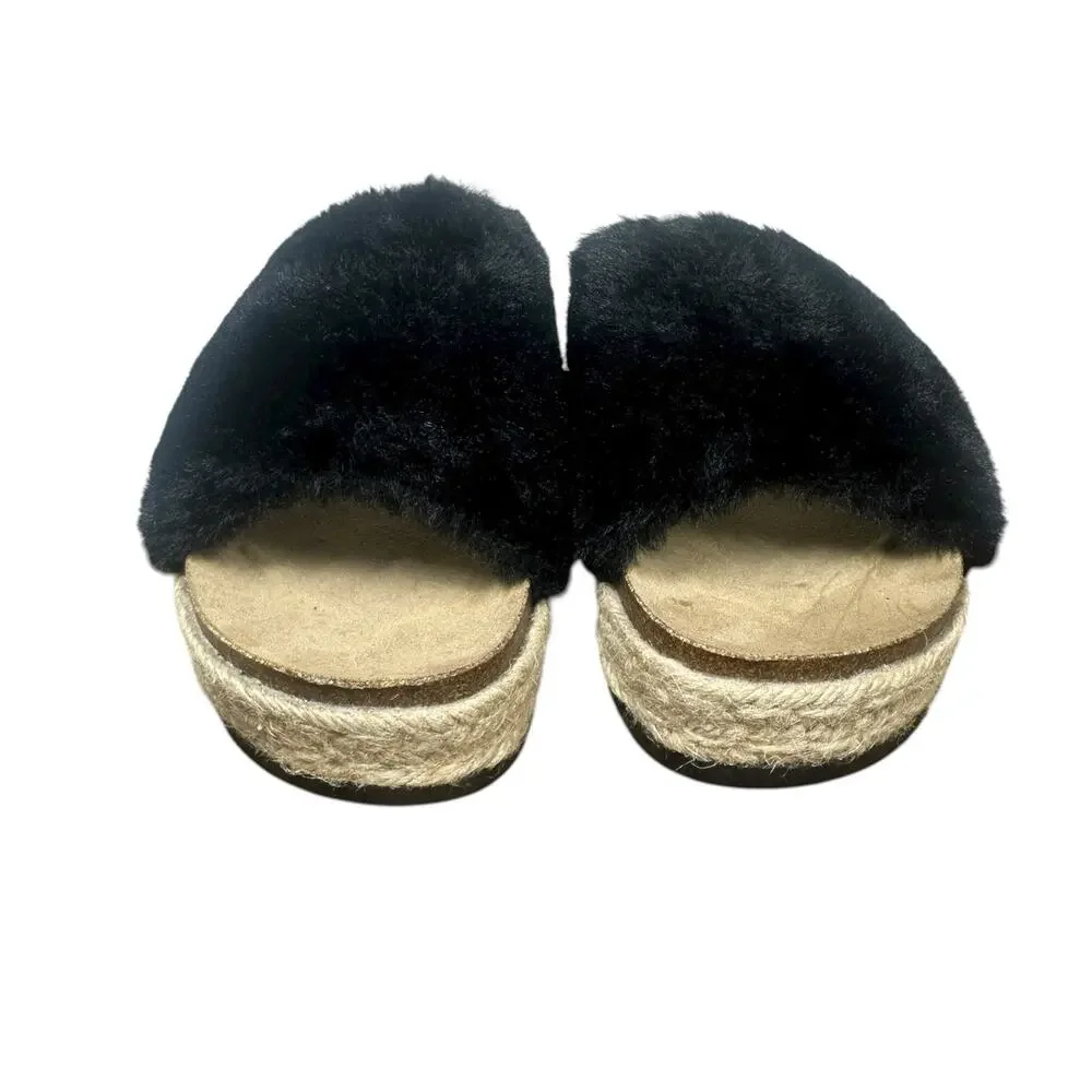 Maui Island Black Faux Fur Platform Wedge Slide Sandals Slippers Cork Footbed 10
